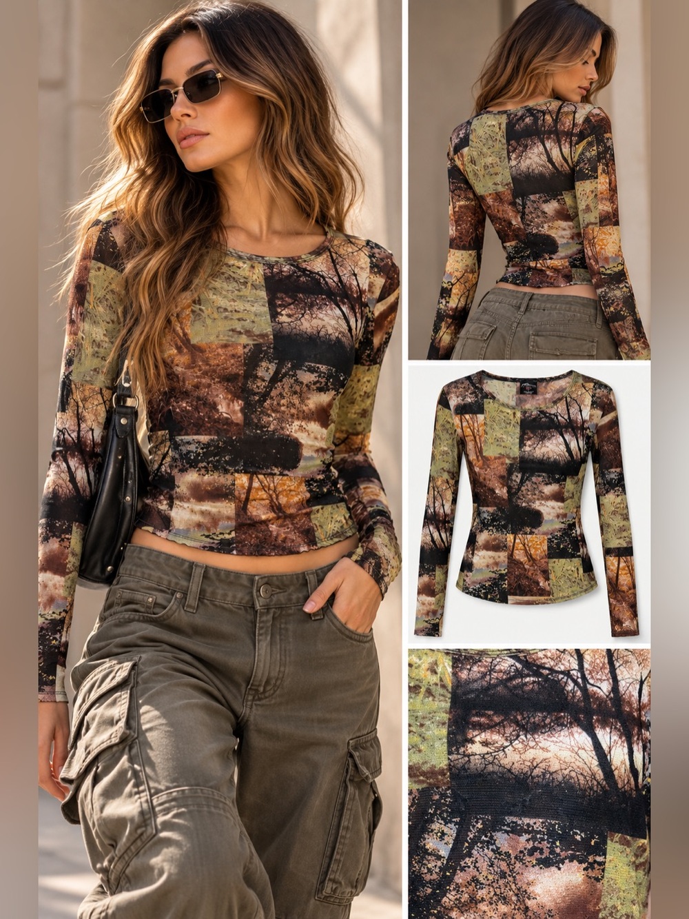 FUBU The Collection Y2K Woodland Forest Print Mesh Long Sleeve Top L
